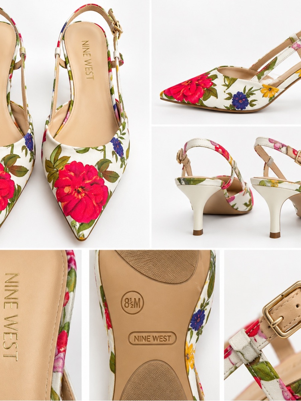 Nine West White Floral Pointed Slingback Heels with Red, Blue & Yellow Flowers